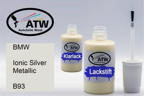 BMW, Ionic Silver Metallic, B93: 20ml Lackstift + 20ml Klarlack - Set, von ATW Autoteile West.